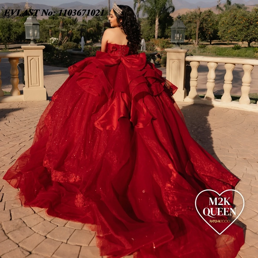 EVLAST Customized Red Quinceanera Dress Ball Gown Glitter Lace Applique Beading Bow Corset Sweet 16 Vestidos De 15 Anos SQ755