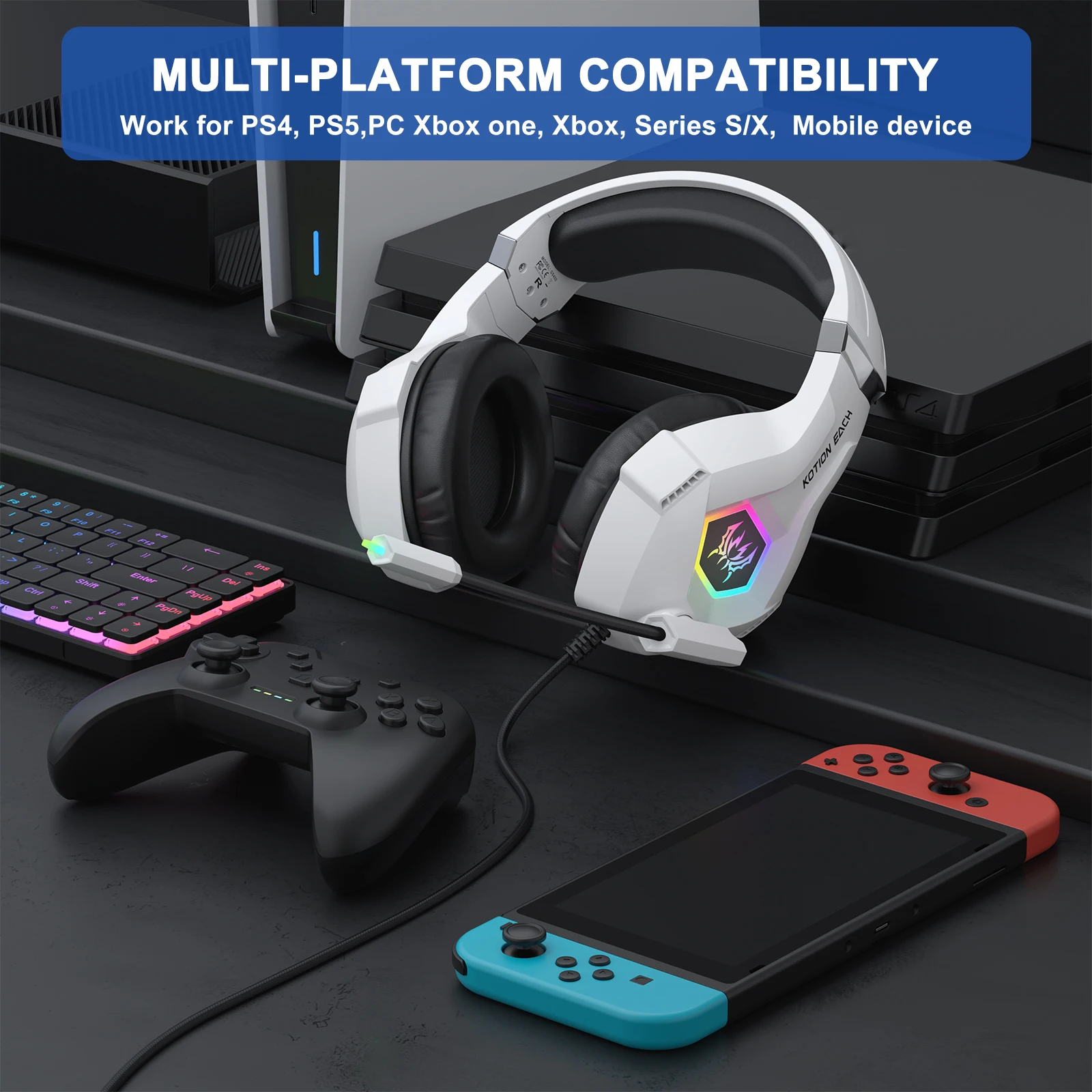GS450 Стерео игровые наушники Проводные с микрофоном Светодиодная подсветка с шумоподавлением для Ps5 Ps4 ПК Xbox One Switch