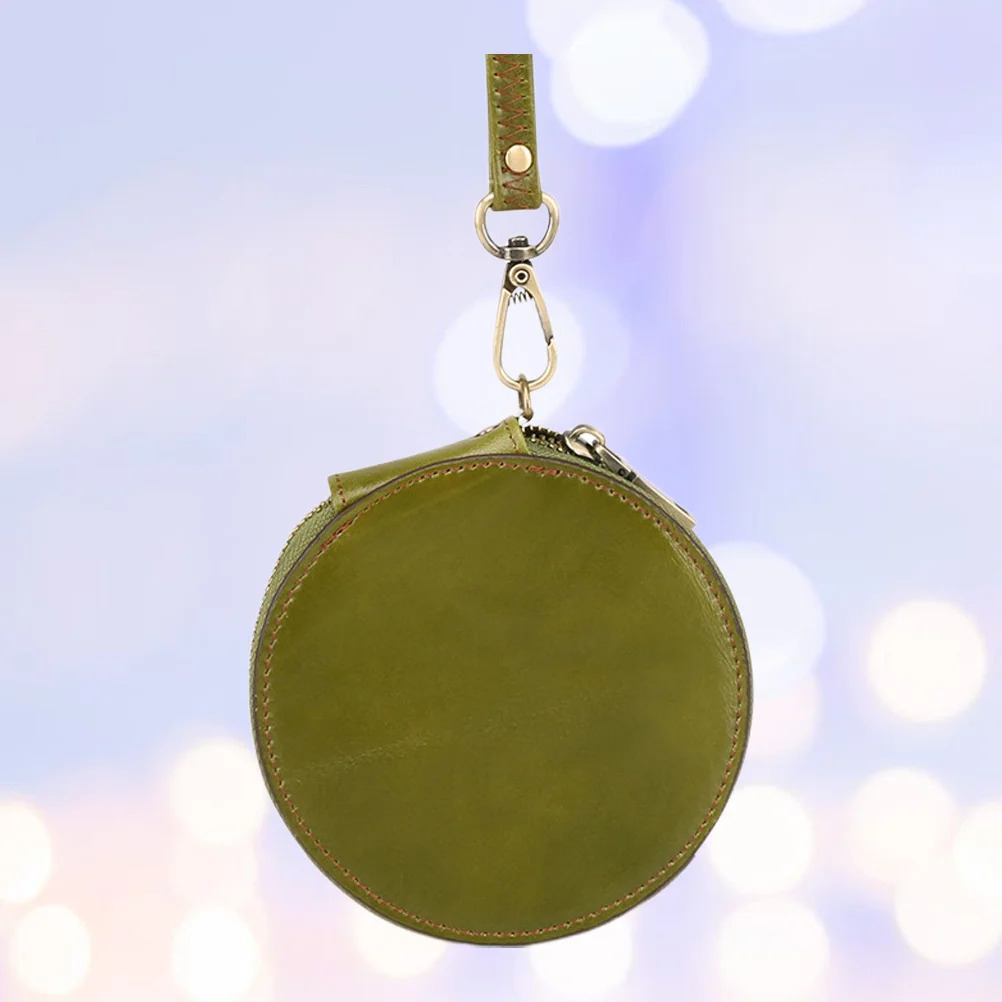 محفظة نقود معدنية من جلد البقر الأصلي، محفظة مستديرة عتيقة لتغيير الأموال الصغيرة، حقيبة صغيرة خضراء مع حبل قصير