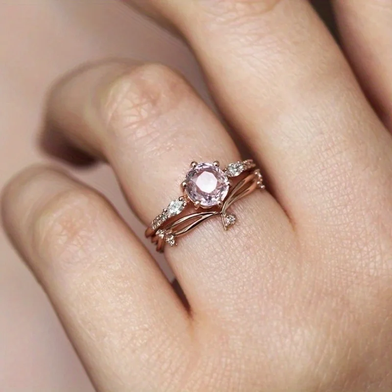 2pcs/set Round Peach Pink Synthetic Zircon Engagement Ring Set Women's Rose Gold Elegant Ring Anniversary Jewelry