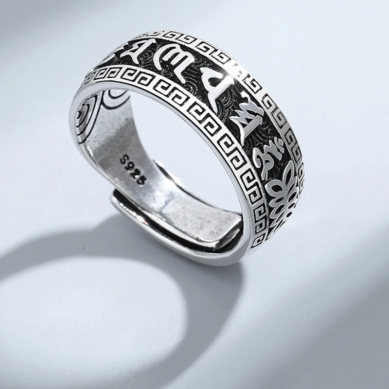 Retro Ancient Silver Plated Buddhist Six Character DAMING Mantra Tibetan Resizable Ring for Men Feng Shui Amulet Protection Ring