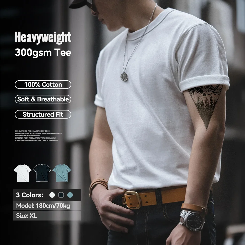 

Мужская винтажная футболка Maden Heavyweight 300 г, однотонные футболки с круглым вырезом из 100% хлопка, белые классические футболки унисекс с короткими рукавами