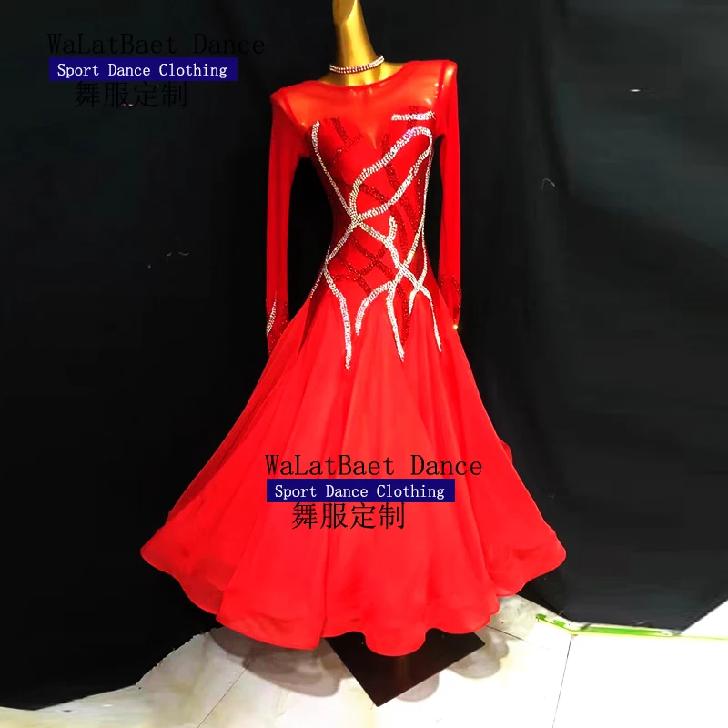 Red Ballroom Competition Dance Dresses Women 2022 New Summer Long Sleeve Standard Waltz Ballroom Dance Dresses Adult