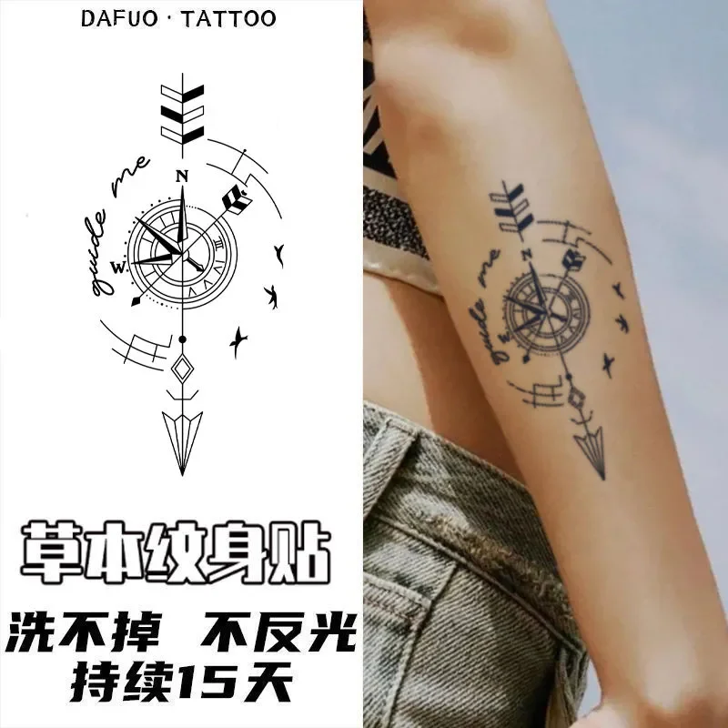 Tatuajes temporales a base de hierbas para mujeres y hombres, tatuaje falso de brújula de brazo y muslo, arte Punk impermeable, tatuaje de flecha, pegatinas duraderas para Festival