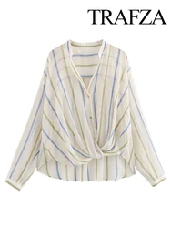 TRAFZA Women's Fashion Versatile Metallic Striped Lapel Shirt Female New Elegant Single Breasted Thin Casual High Street Blouse