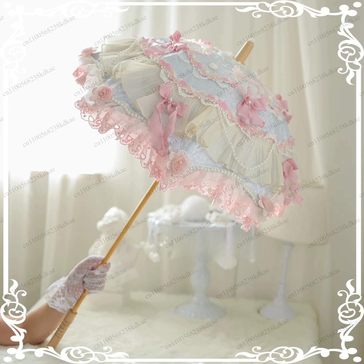 Vintage Long Handle Lace Decorative Umbrella Fog Blue Doll Shape Handmade Parasol Lolita Fashion Prop For Wedding Tea Party