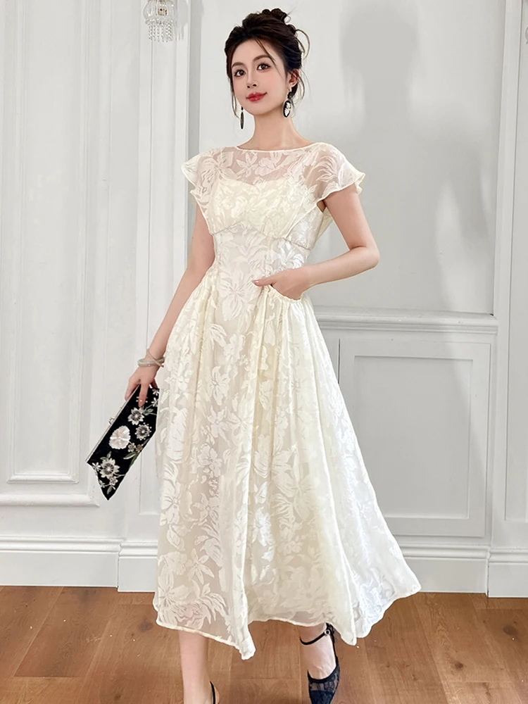 Women's Elegant Celebrity Floral Sheer Long Dress Lady-like Fairycore Pockets Swing Robe Female Party Holiday Vestidos Mujer