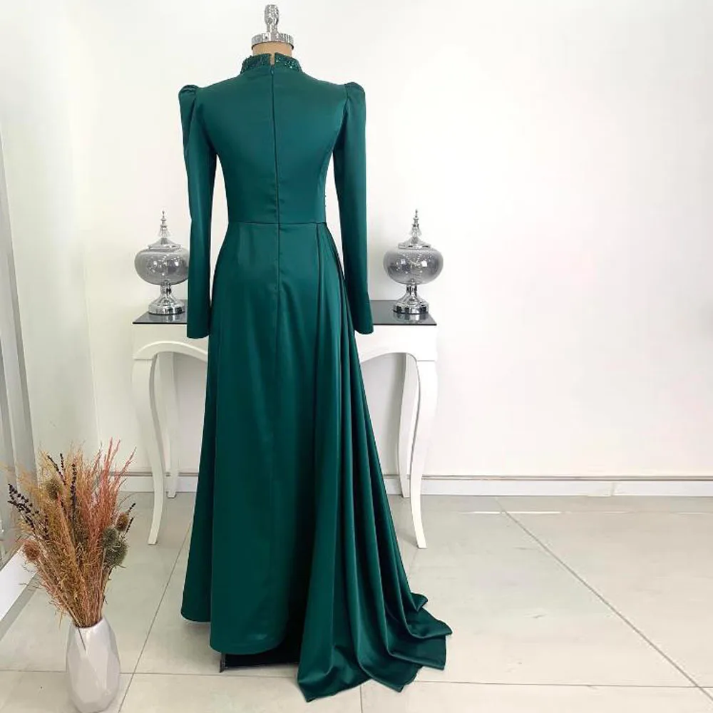Customized Emerald Green Hijab Evening Dress 2025 High Neck Long Sleeve Formal Gown with Overskirt Pleated Satin Muslim Dress