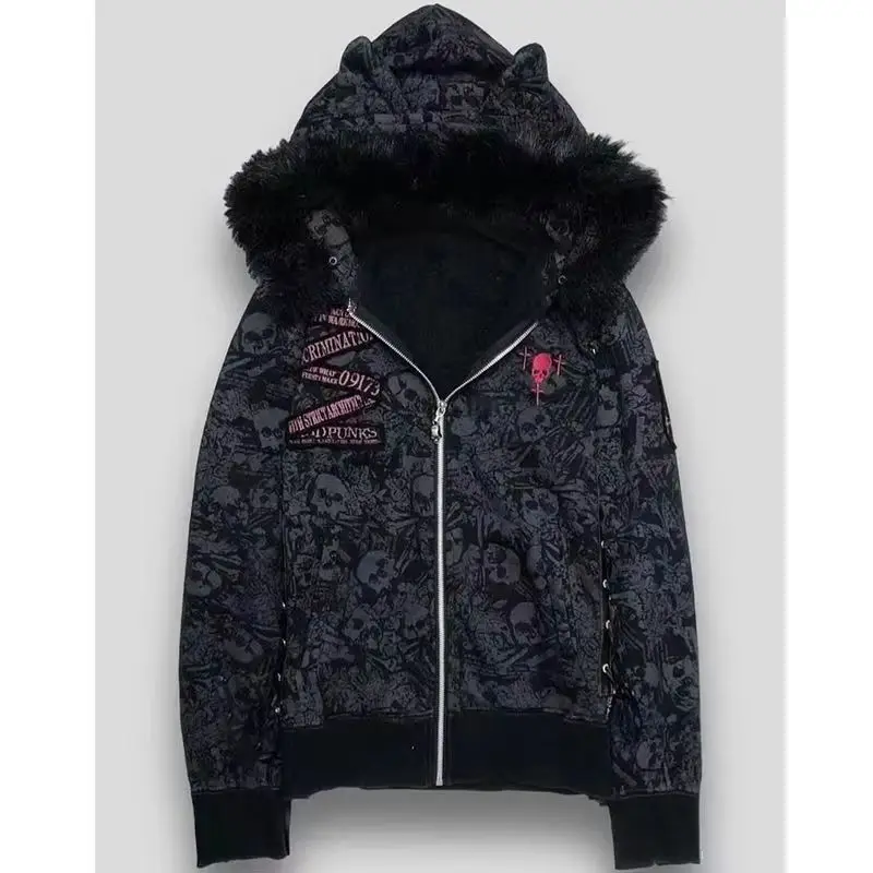 Y2k Subculture Long Sleeve Hooded Jacket Cat Ears Women Casual Punk Style Coat Skulls Print Harajuku Faux Fur 2025 Autumn
