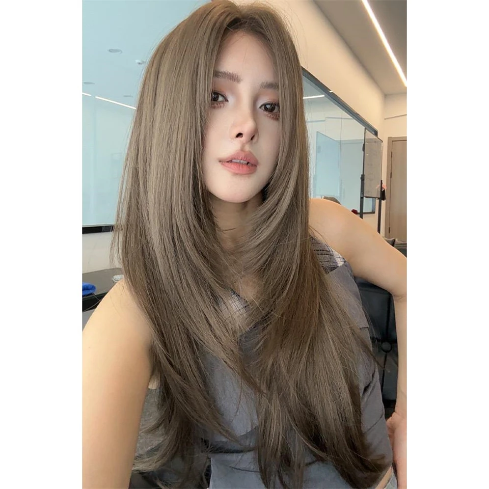 OL Ombre Grau Braun Lange Gerade Synthetische Lace Front Perücken Mittelteil Cosplay Perücke für Frauen Hochtemperatur Natürliches Kunsthaar