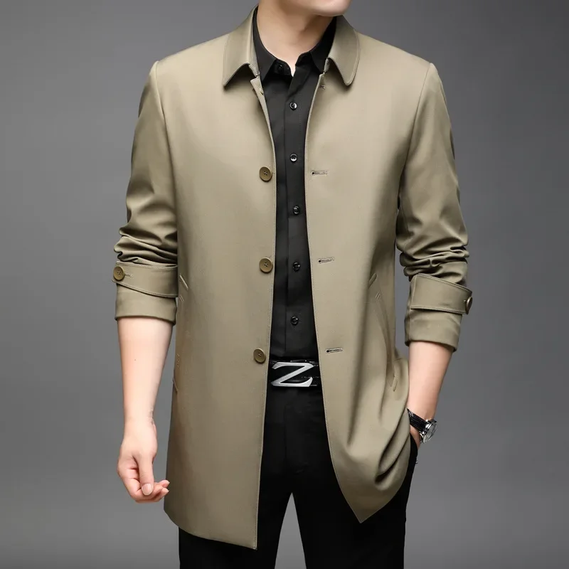 

Spring and Autumn New Trench Men's Mid Length Business Casual Single Breasted Polo Collar Solid Coat