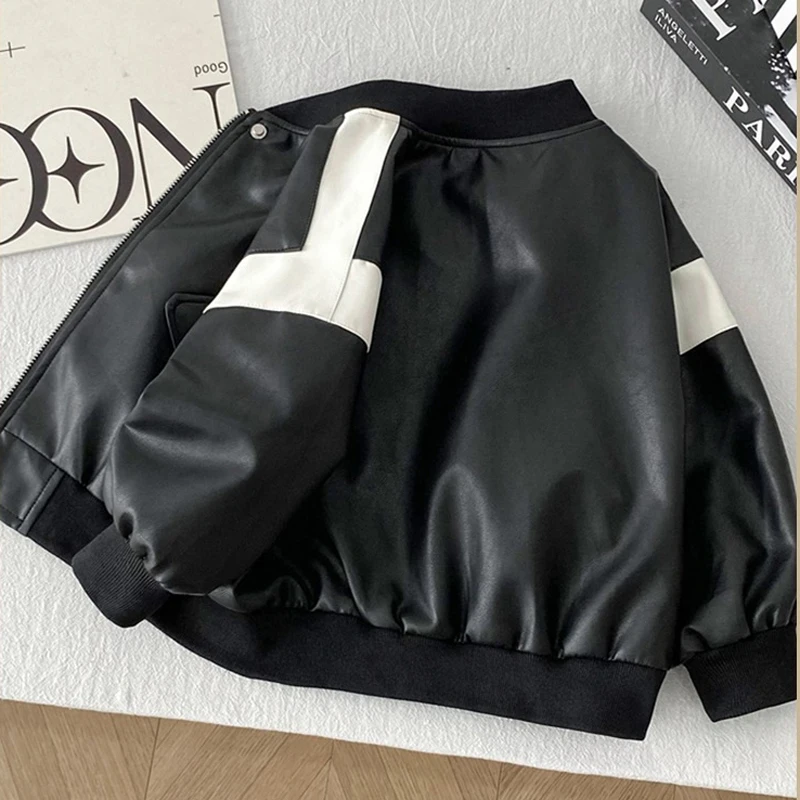 Spring Autumn Boys PU Leather Biker Jacket Color-Block Zipper Outerwear Korean Style Kids Coat For 2 3 4 5 6 7 8 Years Old