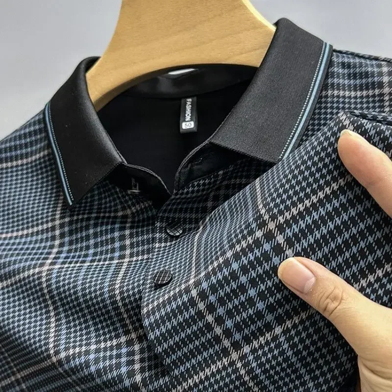 High Quality Luxury Ice Silk Men's Polo Shirt 2024Summer New Lapel Plaid Short Sleeve T-Shirt Britain Street Seamless Men's Wear