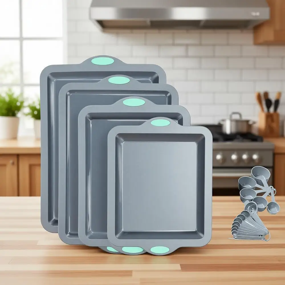 

Набор из 4 предметов для выпечки с антипригарным покрытием: противни для печенья, форма для кексов, усиленные металлические, светло-серые