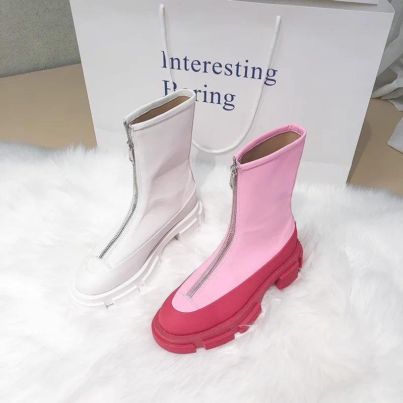 

New Autumn Winter Round-Toe Chunky Heel Ankle Boots Front Zipper Thick Platform Sole Leather Mid Calf Boots