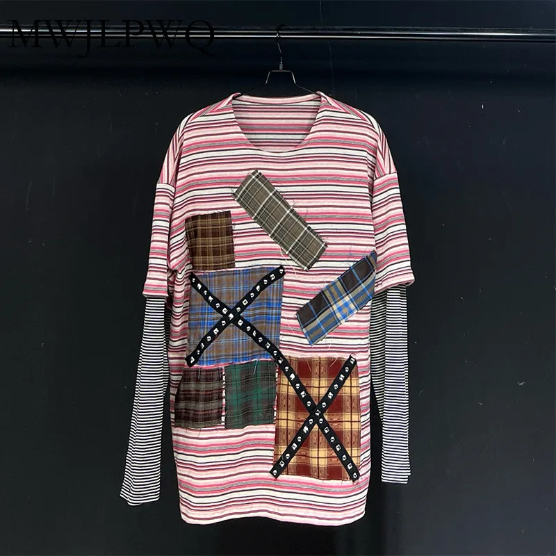 

MWJLPWQ Color Spliced Patch Niche Design Male T-shirts Fake Two Piece Long Sleeve 2025 New Loose Casual Unise Tops Trend 010888