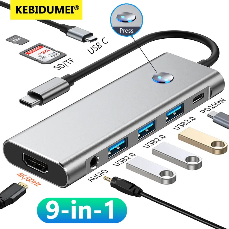 9 in 1 USB C HUB 4K/60Hz Type-C Docking Station PD 100W HDMI Port TF/SD AUDIO Screen-On/Off Button Adapter for PC Laptop MacBook