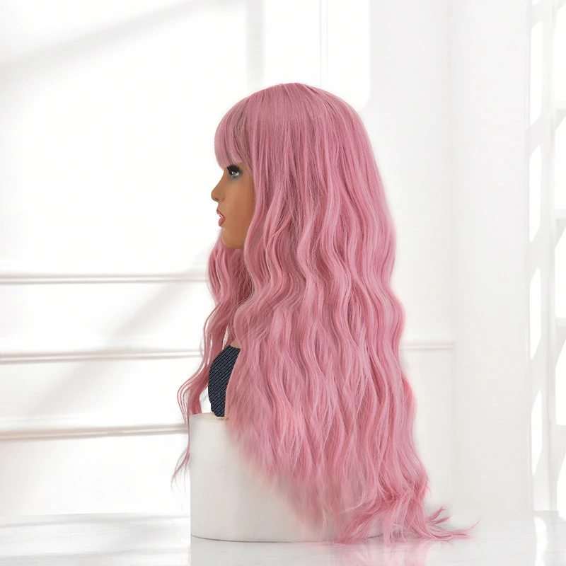 Long Pastel Pink Synthetic Wig with Bangs long Light Pink Wigs for Women Heat Resistant Wavy Colored Pastel for Cosplay Party