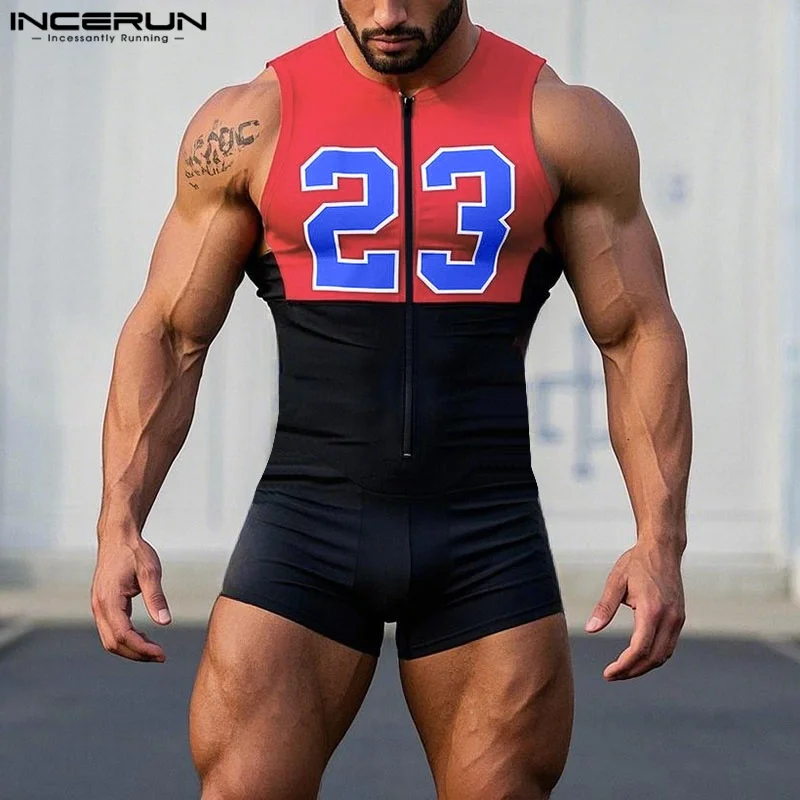 

INCERUN Men Bodysuits Printing Patchwork Zipper Skinny Playsuits Sleeveless Male Rompers 2025 Workout Bodysuit Men Streetwear