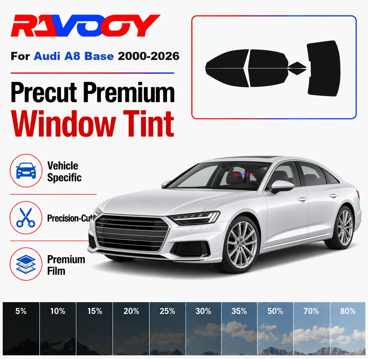 Premium Precut Window Tint Kit Front Windows Rear Windows Rear Windshield For Audi A8 Base 2000-2026 Car Solar Nano Ceramic Film