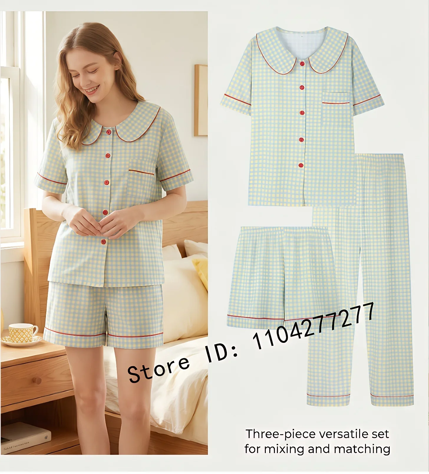 Women 3-Piece Plaid Pajama Set Peter Pan Collar Short Sleeve Button Down Loungewear with Pants and Shorts Casual Home Sleepwear