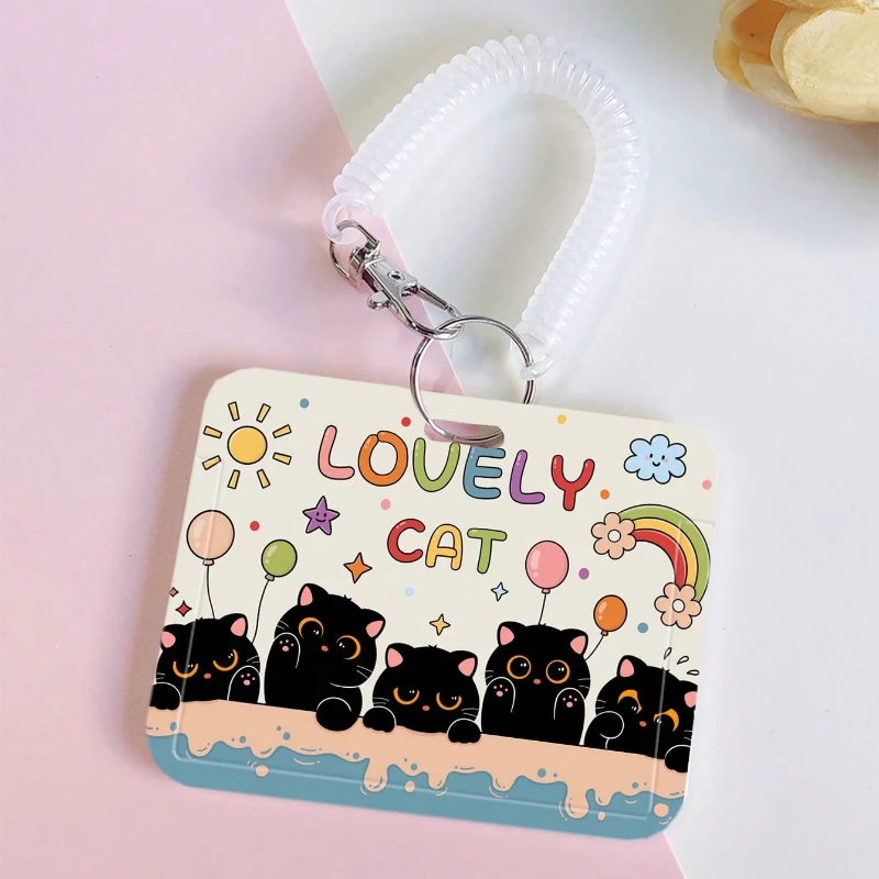 Cute Cat Card Holder with Retractable Spring Cord Pendant Keychain Suitable for Student ID Card Holder Door/Metro Card Case