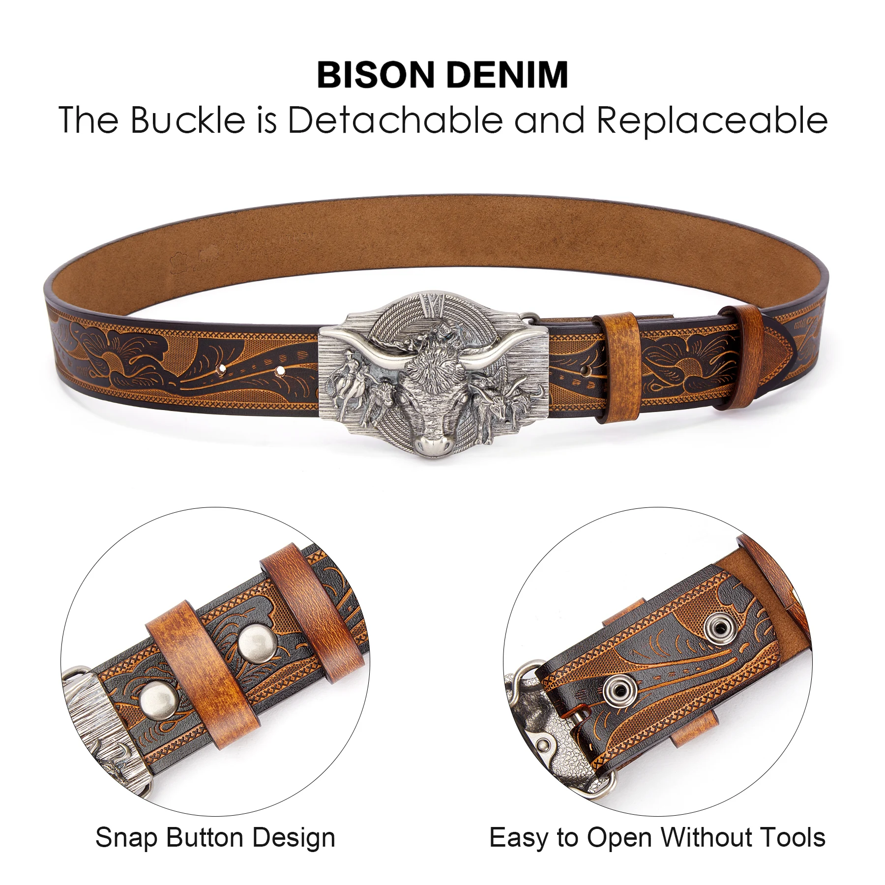 BISON DENIM Western Belt for Women Men Cowboys Cowgirls Carving Leather Belts with Bullhead Buckles for Jeans Pants