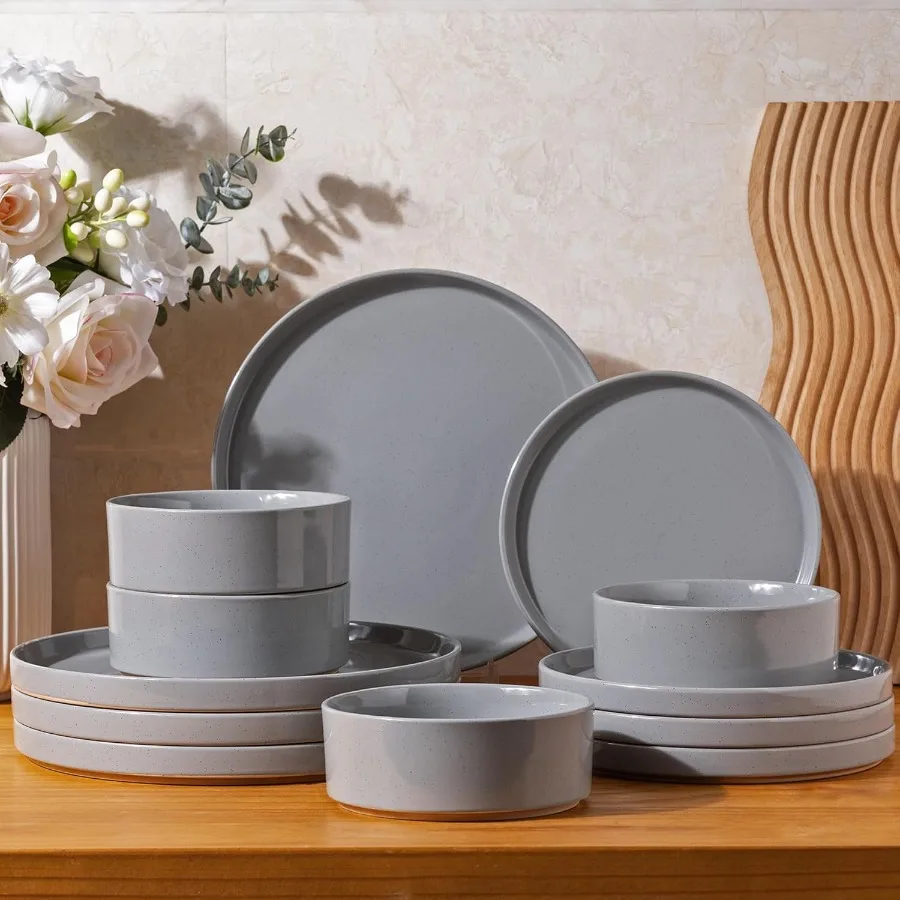 

Ceramic Dinnerware Set for 4 Speckled Stoneware Plates and Bowls with unglazed terracotta Scratch Resistant Dishwasher and Micr