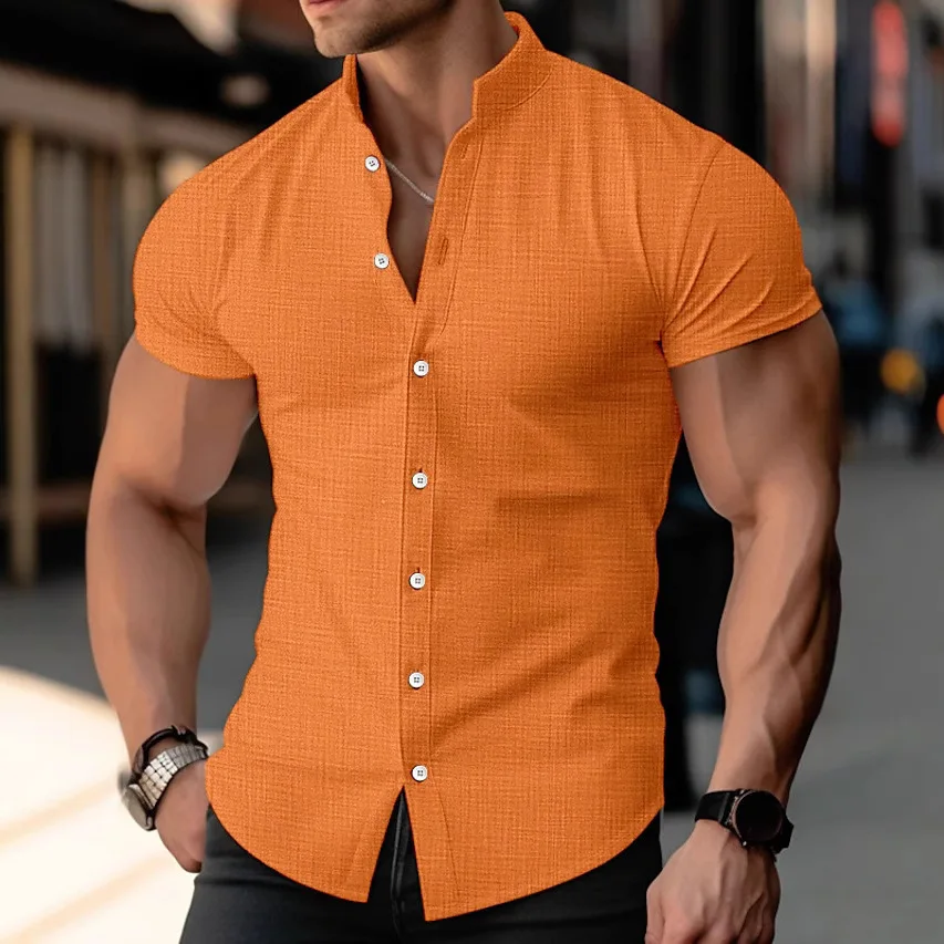 

2025 New Men's Pure Color Loose Comfortable Versatile Casual Shirt Short Sleeve Linen Fabric European Style Stand Collar Open...