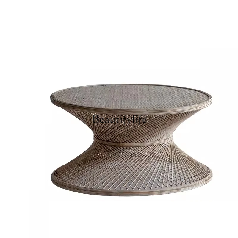 

Living Room Sofa Rattan Woven round Tea Table Bamboo Strip B & B Retro Coffee Table Balcony Side Table Console Tables