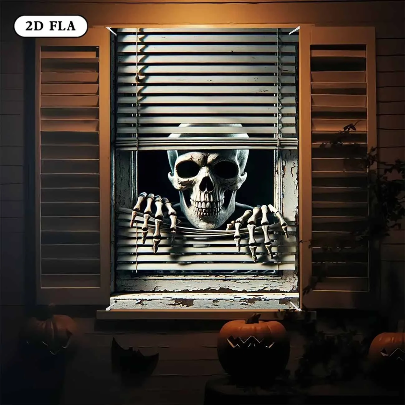 Halloween-Skelett, das aus dem Fenster schaut, Hintergrund, gruselige Knochendekoration, Spukhaus, Innen- und Außenbereich, Bar, Stand, gruselige Party-Requisiten. – Detail 2
