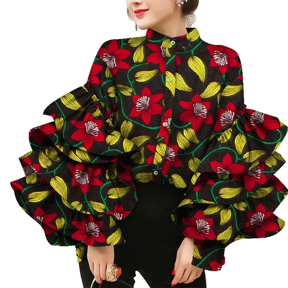 African Dress Shirt Stand Collar Layers Flare Sleeve Blouses for Women Wax Print Cotton Top Plus Size Lady Clothes Party WY8635