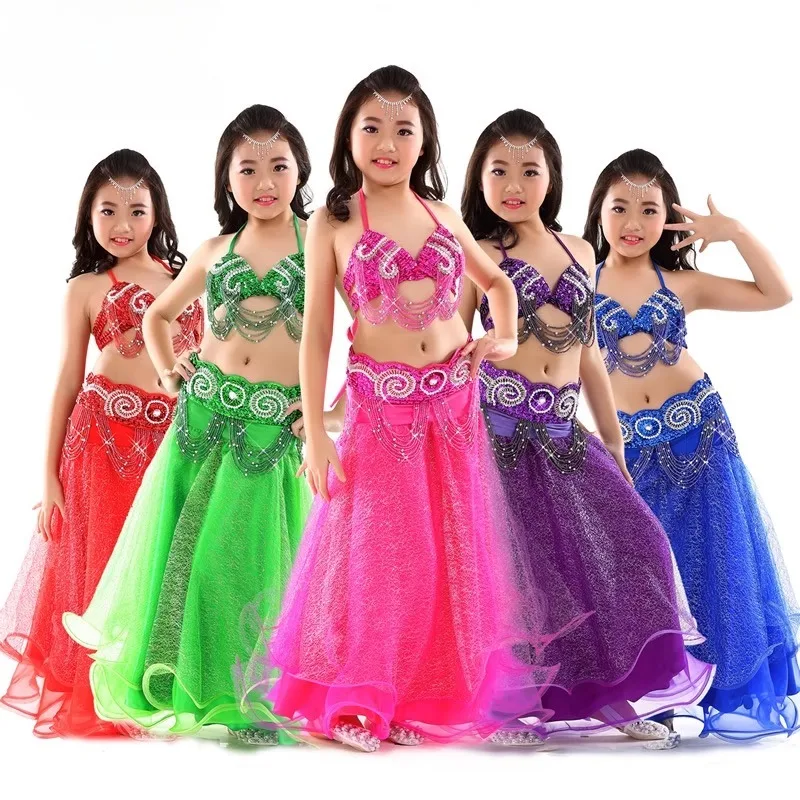 Customized Belly Dance Costumes Suit High End Pearl Embroidery Performance Dress for Children Set Mesh Skirt Belt Bra 3 Pcs
