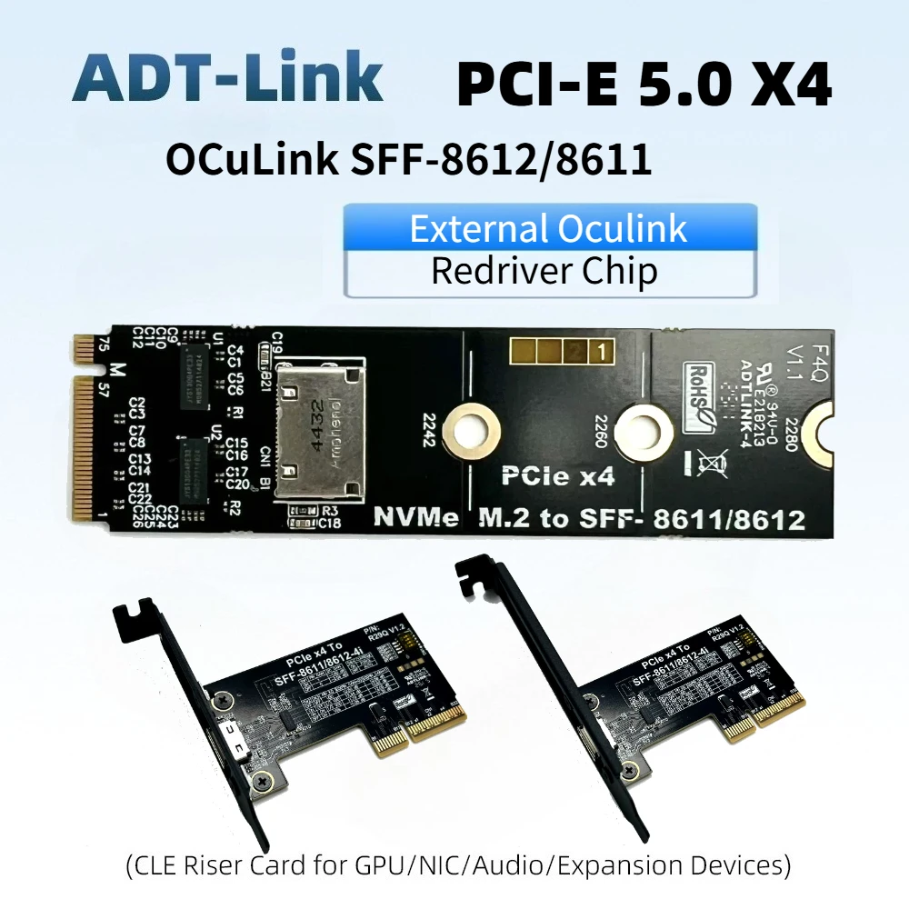 F4Q M.2 NVMe Pcie 4.0 To Oculink SFF-8612 Pcie 5.0 X4 External Graphics Card Adapter Board With Redriver Chip Female Port Gen5x4