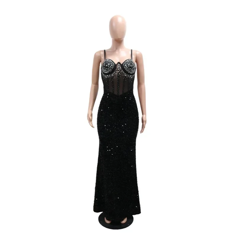 ผู้หญิงเซ็กซี่ SHEER ตาข่าย Patchwork กํามะหยี่ Maxi ชุดราตรี Rhinestones สปาเก็ตตี้สายรัด Backless Bodycon ยาว Robe