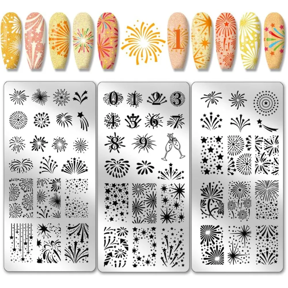 3 ชิ้นดอกไม้ไฟแผ่นปั๊มเล็บฉลองดอกไม้ไฟเล็บ Stamper วันหยุด Art Stencils พิมพ์ลายฉลุสแตนเลส