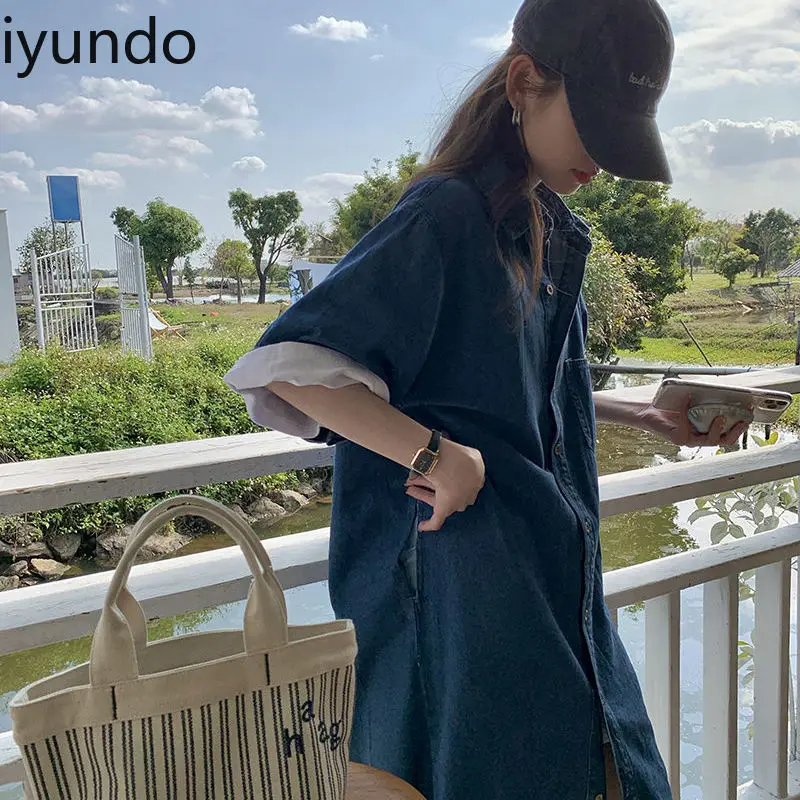 Retro DENIMเสื้อชุดสตรีฤดูใบไม้ผลิและฤดูร้อน 2025 ใหม่หลวมSlim GarisเกลือความยาวปานกลางStreetwear Vestido Feminino