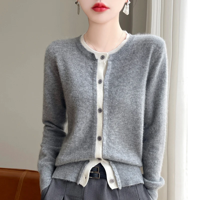 Autumn and winter new 100% merino wool women's coat round neck knit cardigan fashion fake two women's long-sleeved tops