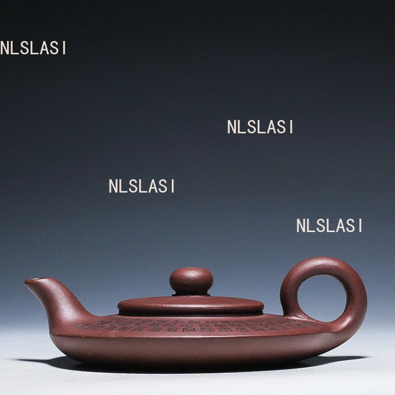 

140ml Yixing Handmade Purple Clay Teapot Baifu Water Flat Pot Chinese Style Mesh Teapot for Household Use Baifu Linmen Teapot