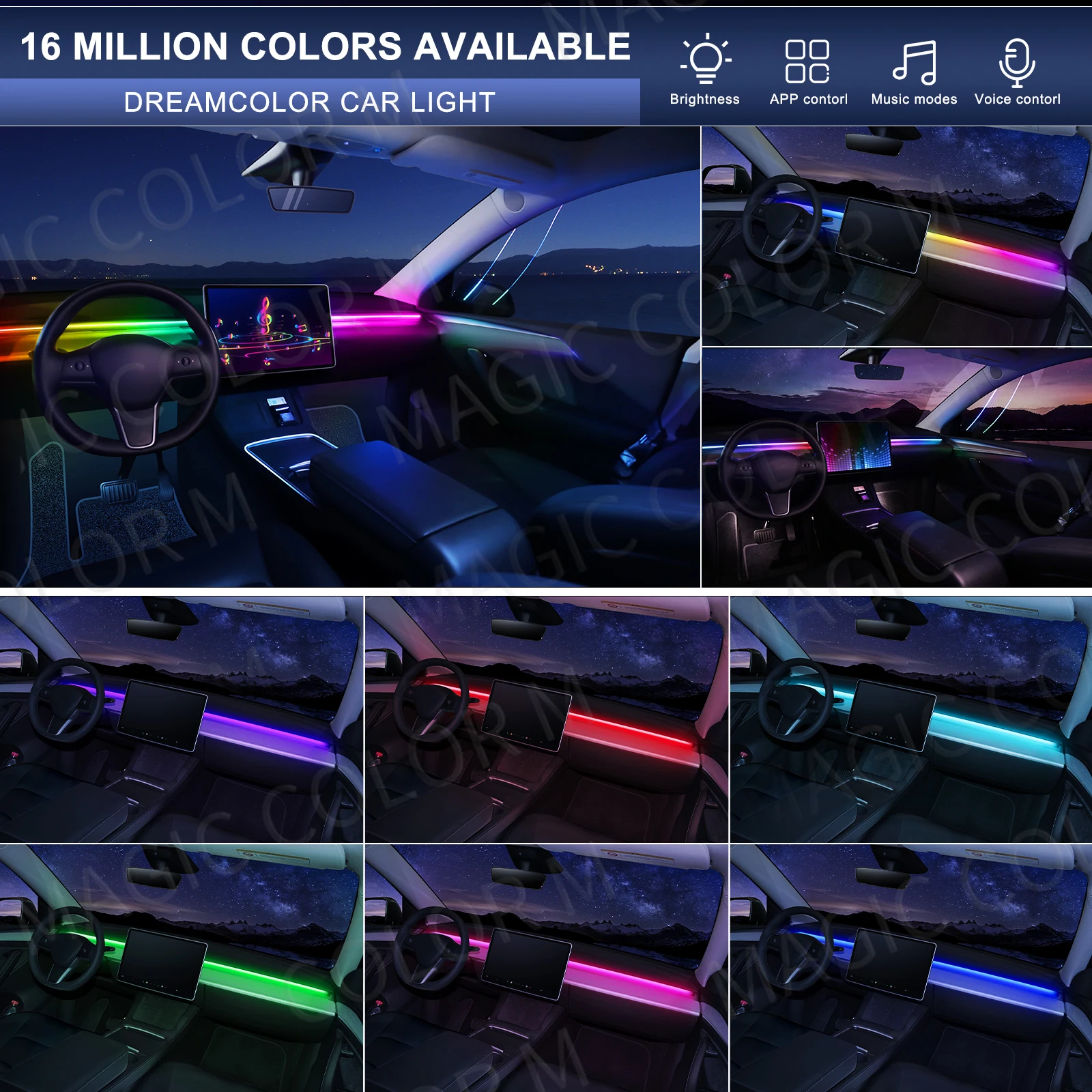 مصباح أمامي 78 بوصة ، لوحة قيادة للسيارة ، ضوء محيط السيارة ، واقي رياح 64 لون RGB ، مصباح الجو الداخلي السيمفوني ، تحكم بتطبيق #2