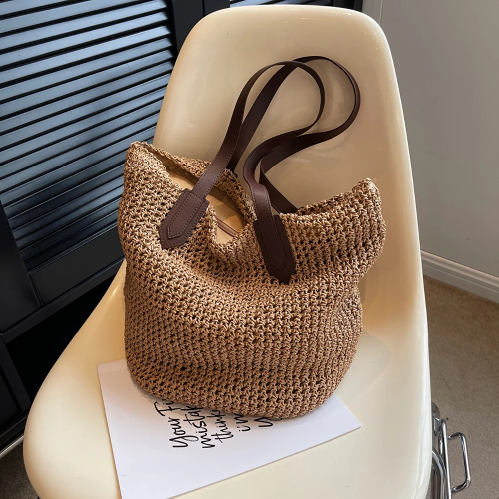 

Женская сумка на плечо, однотонная соломенная сумка, богемная тканая сумка для подмышек, летняя пляжная большая сумка-тоут крючком, сумки для покупок