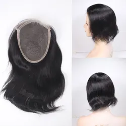 Men's Wigs Long 10inch Swiss Lace Topper For Men and Women Remy Human Hair Pieces Replacement Systems 5x7inch Black 1B Color