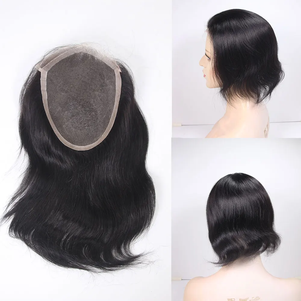 Men's Wigs Long 10inch Swiss Lace Topper For Men and Women Remy Human Hair Pieces Replacement Systems 5x7inch Black 1B Color