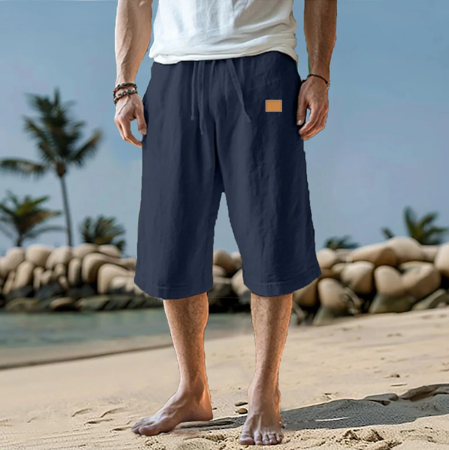 Men's Capri Summer Cotton and Linen Pants Pants Solid Color Scarf Elastic Waist Clamping Cord 3/4 Length Shorts Baggy Casual Pan