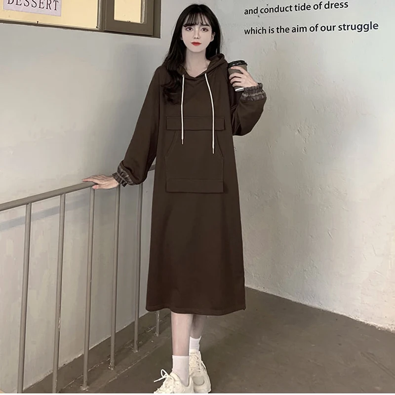 Casual Long T-shirt Dresses For Women 2023 Female Large Size 4XL Autumn Winter Vintage Loose Brown Hooded Cotton Party Vestidos