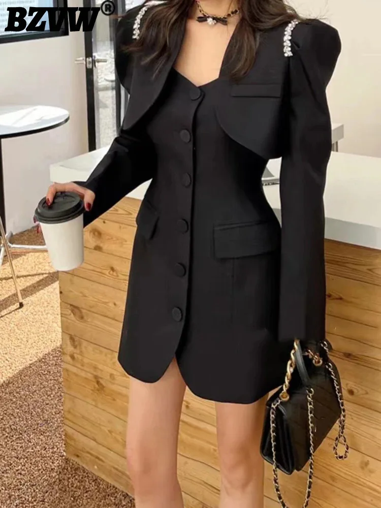 

BZVW Suit Set Dress Women's Korean Edition Design Sense Embedding Diamond Shawl Coat Temperament Waist Suspended Female 25X0755