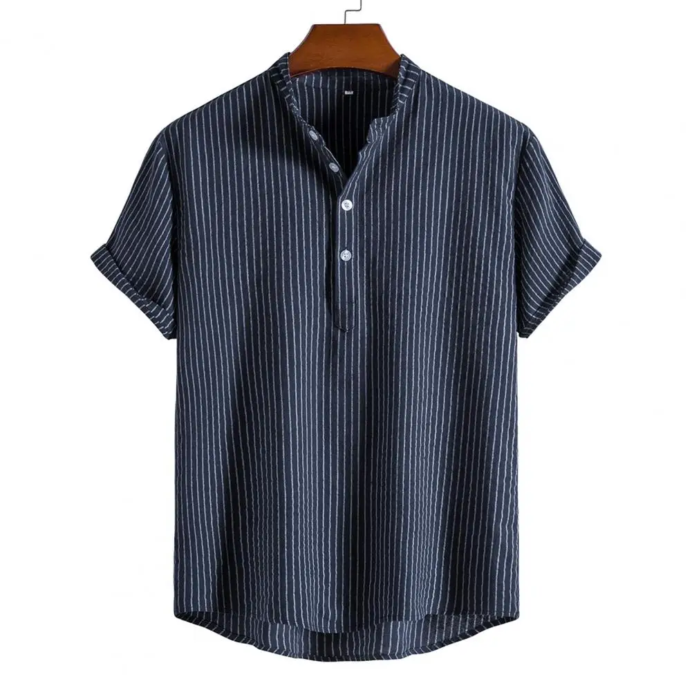 Men Summer Shirt Solid Color Stand Collar Men T-shirt Loose Buttons Short Sleeves Men T-shirt Simple Style Mid Length Men Top