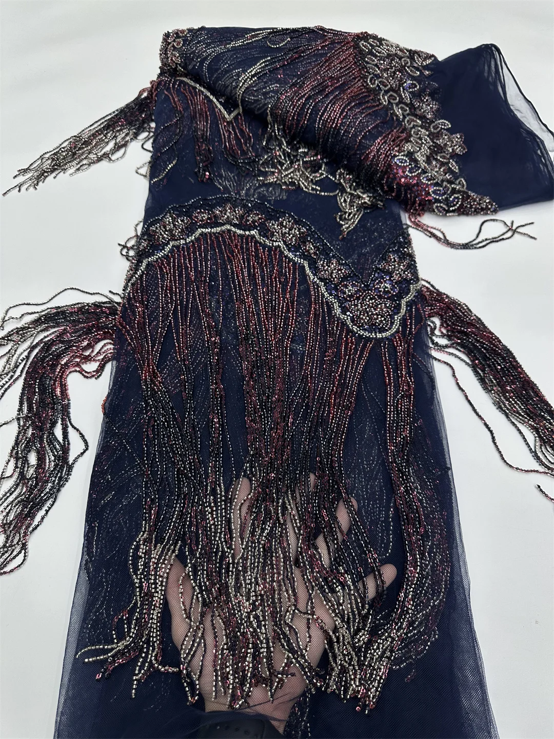 African Sequins Lace Fabrics Fashion 3D Tassel Nigerian Embroidery Beaded Tulle Lace Fabric High Quality For Sewing Cloth Party