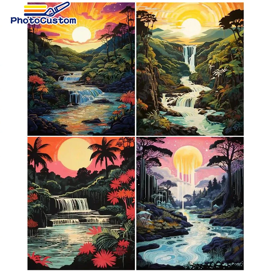 

PhotoCustom DIY Paint By Numbers For Adults Sunset Landscape On Canvas Acrylic Paintings Coloring Drawing By Numbers Home Decor