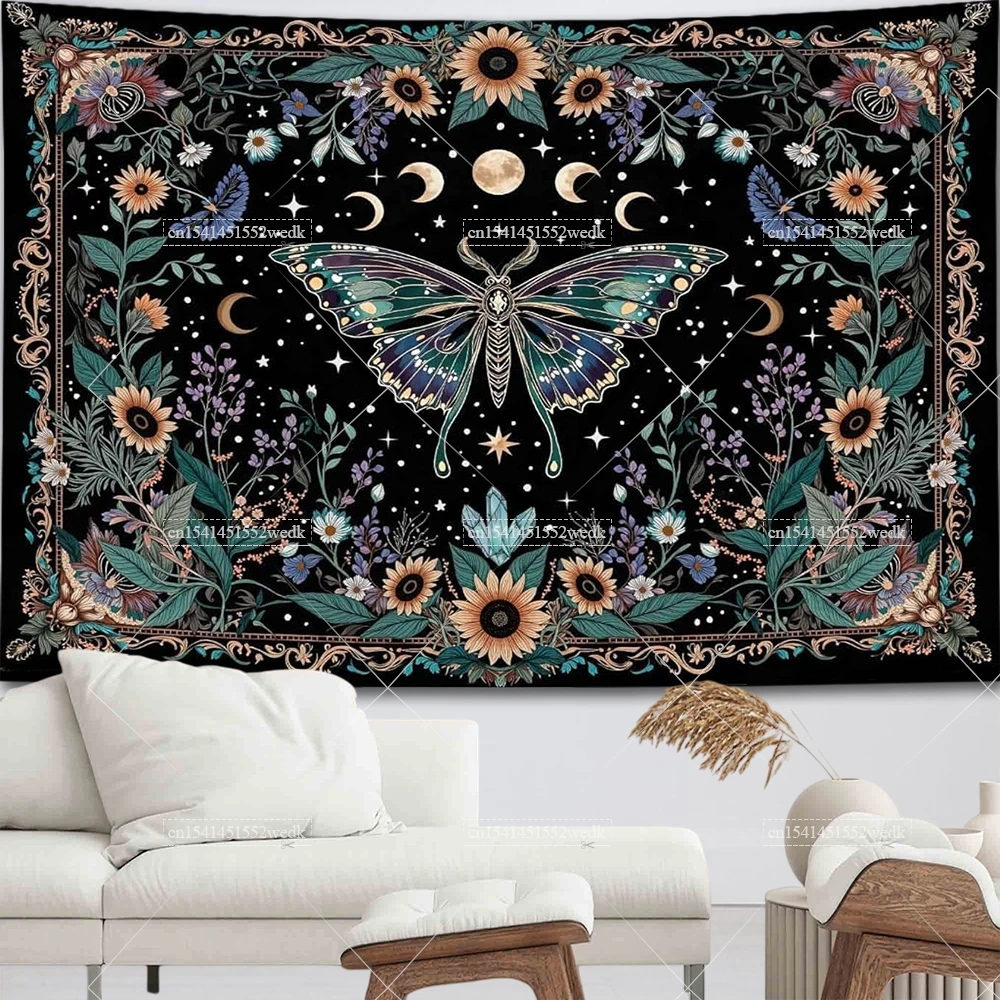 Boho Butterfly Sun Wall Hanging Tapestry Vintage Aesthetic Moth Botanical Witchy Flowers Tapestries Room Decor Altar Cloths